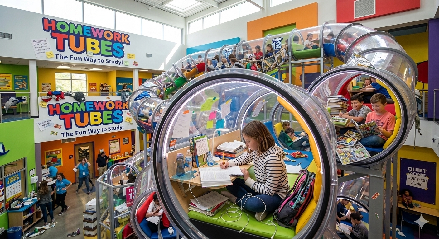 Inside a Homework Tubes location — kids doing homework inside colorful tubes in a massive warehouse